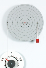 Das Bild zeigt ein Experimentiergerät mit einem kreisförmigen Messfeld, das in konzentrische Kreise unterteilt ist, sowie eine Halterung mit einer roten Kugel. Unten befindet sich ein Ziffernblatt mit einem Zeiger, der einen bestimmten Wert anzeigt.