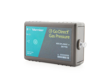 Das Bild zeigt ein Gerät namens "Go Direct Gas Pressure" von Vernier, das zur Messung von Gasdruck eingesetzt wird. Es hat eine maximale Druckgrenze von 400 kPa (60 PSI) und ist für den Einsatz im Bildungsbereich konzipiert.
