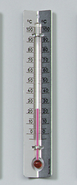 Das Bild zeigt ein klassisches Thermometer mit einer Skala von -20 °C bis 100 °C. Die Flüssigkeit im Thermometer ist rot, und es ist für die Verwendung im Bildungswesen gedacht.