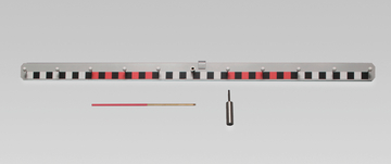 Das Bild zeigt ein Experimentiergerät mit einer langen Metallstange, die abwechselnd mit roten, schwarzen und weißen Feldern markiert ist. Neben der Stange befinden sich ein roder Stift sowie ein kleines metallisches Werkzeug.