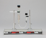 Das Bild zeigt eine Laborapparatur mit zwei aufrechten Ständern, an denen Glaszylinder und eine Pipette befestigt sind. Diese Ausrüstung dient wahrscheinlich zur Durchführung von Experimenten im naturwissenschaftlichen Unterricht.
