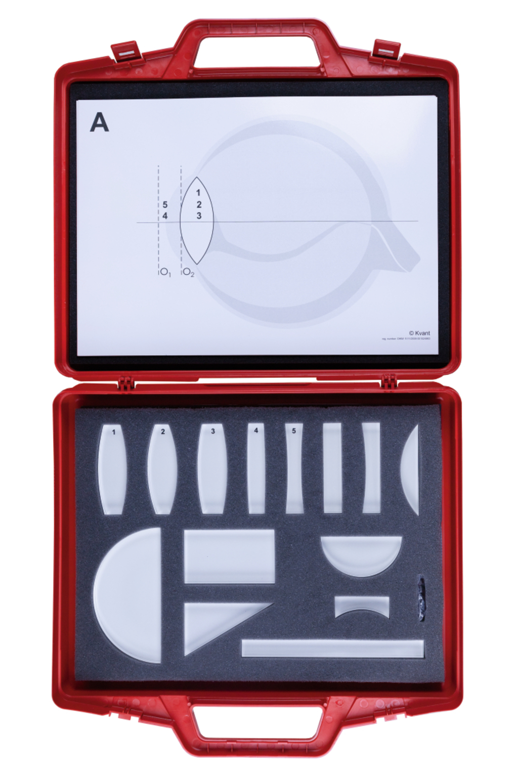 Das Bild zeigt einen roten Koffer, der verschiedene Linsen und Prismen für experimentelle Anwendungen enthält. Auf dem Deckel ist eine Skizze zur optischen Darstellung abgebildet, die die Nutzung der enthaltenen Komponenten veranschaulicht.