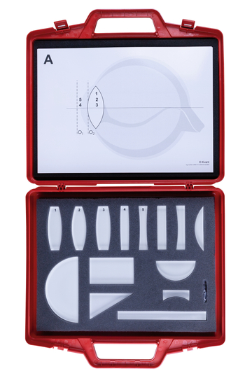Das Bild zeigt einen roten Koffer, der verschiedene Linsen und Prismen für experimentelle Anwendungen enthält. Auf dem Deckel ist eine Skizze zur optischen Darstellung abgebildet, die die Nutzung der enthaltenen Komponenten veranschaulicht.