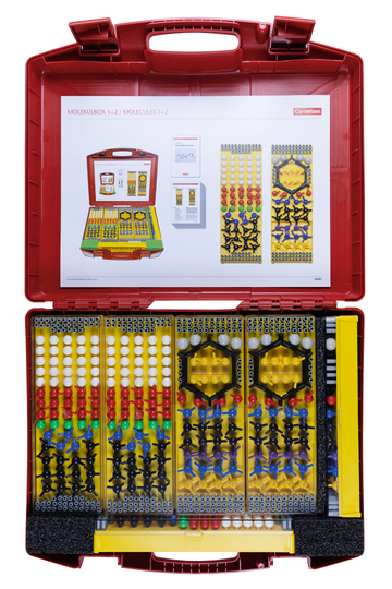 Das Bild zeigt eine rote Box mit dem Titel "Molekülbox 1+2", die verschiedene bunte Bausteine zur Darstellung von Molekülen enthält. Die Box ist geöffnet und präsentiert eine Anleitung sowie verschiedene Elemente in unterschiedlichen Farben und Formen für chemische Experimentierzwecke.