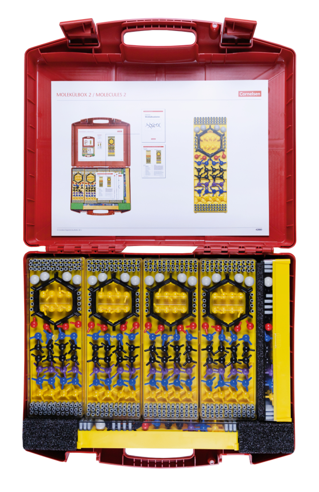 Das Bild zeigt eine rote Kunststoffbox, die für den Experimentierbedarf im Bildungswesen konzipiert ist. Im Inneren befinden sich verschiedene molekulare Modelle und Materialien, die für chemische Experimente genutzt werden können.