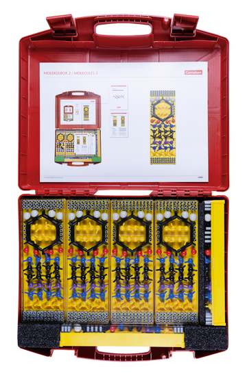 Das Bild zeigt eine rote Kunststoffbox, die für den Experimentierbedarf im Bildungswesen konzipiert ist. Im Inneren befinden sich verschiedene molekulare Modelle und Materialien, die für chemische Experimente genutzt werden können.