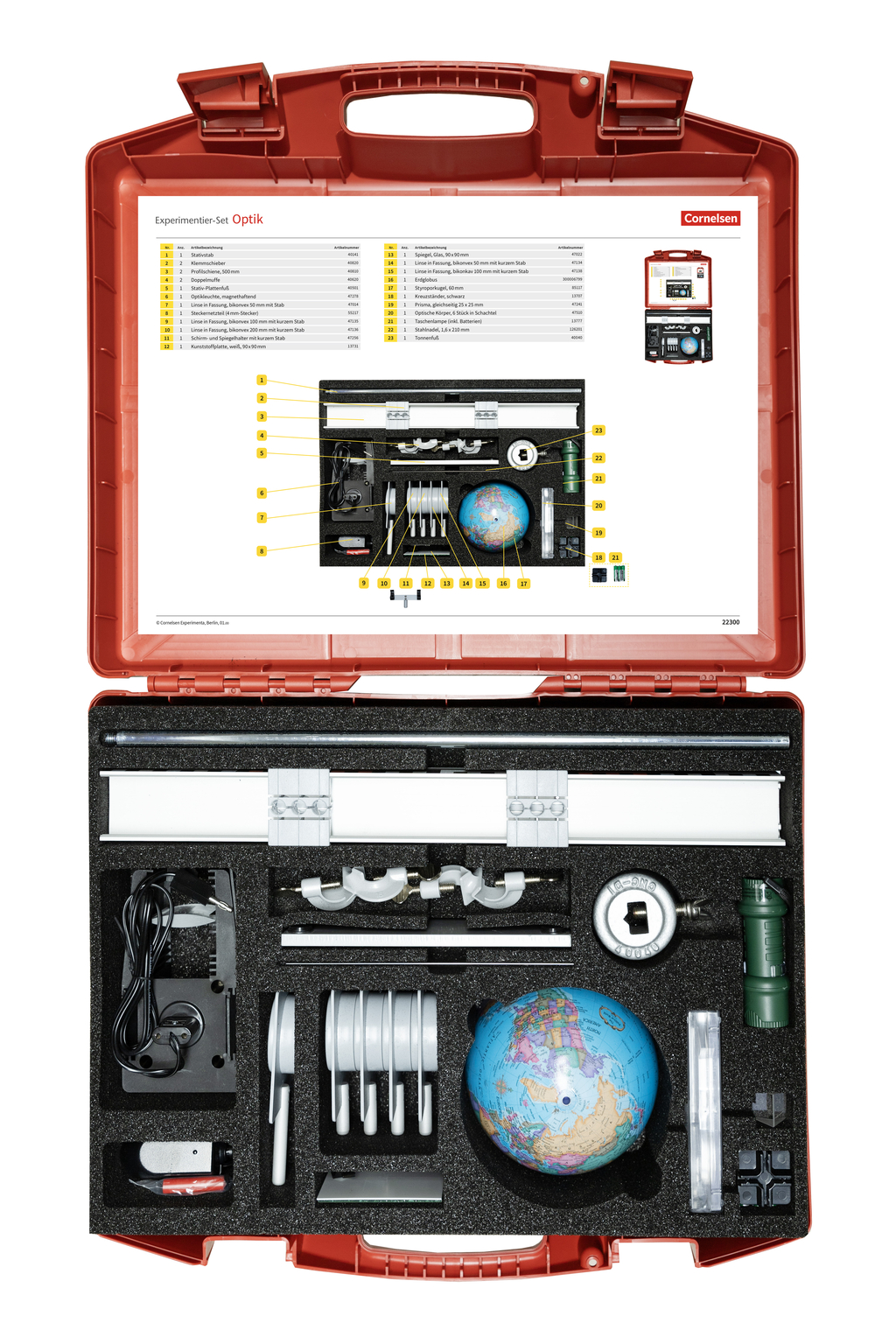 Das Bild zeigt ein Experimentier-Set für Optik in einem roten Koffer. Der Koffer enthält verschiedene Komponenten wie Linsen, einen Globus und Messinstrumente, die für physikalische Experimente im Bildungsbereich eingesetzt werden können.