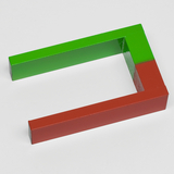Das Bild zeigt ein dreidimensionales geometrisches Objekt in Form eines L, das in leuchtendem Grün und Rot lackiert ist. Es könnte als Demonstrationsmaterial für Experimente oder Schulprojekte im Bereich Mathematik oder Physik verwendet werden.