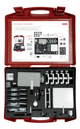 Das Bild zeigt einen roten Koffer, der mit einer optischen Bank ausgestattet ist, die verschiedene optische Elemente und Geräte enthält. Der Inhalt ist ordentlich angeordnet und ermöglicht die Durchführung von Experimenten im Bereich Optik für das Bildungswesen.