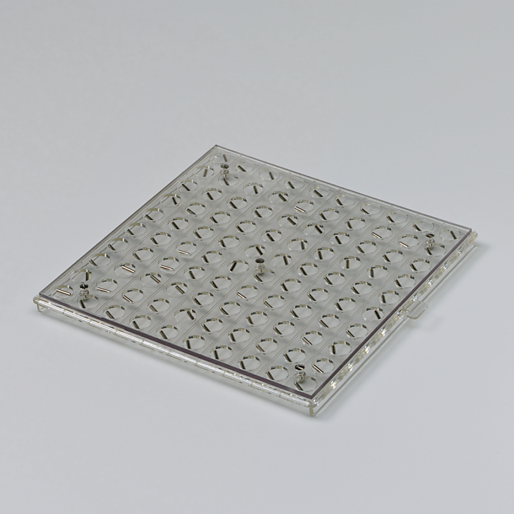 Das Bild zeigt eine klare Kunststoffplatte mit zahlreichen kleinen Vertiefungen, die für Experimente im Bildungsbereich verwendet werden kann. Diese Platte eignet sich ideal für Mikrobiologie oder Chemie, um Proben zu halten und zu bearbeiten.