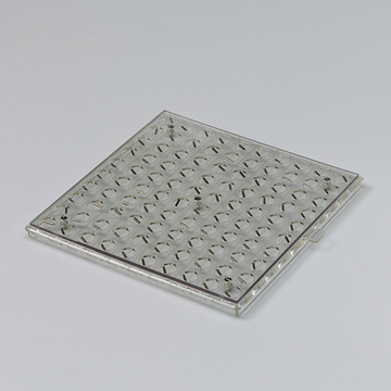 Das Bild zeigt eine klare Kunststoffplatte mit zahlreichen kleinen Vertiefungen, die für Experimente im Bildungsbereich verwendet werden kann. Diese Platte eignet sich ideal für Mikrobiologie oder Chemie, um Proben zu halten und zu bearbeiten.