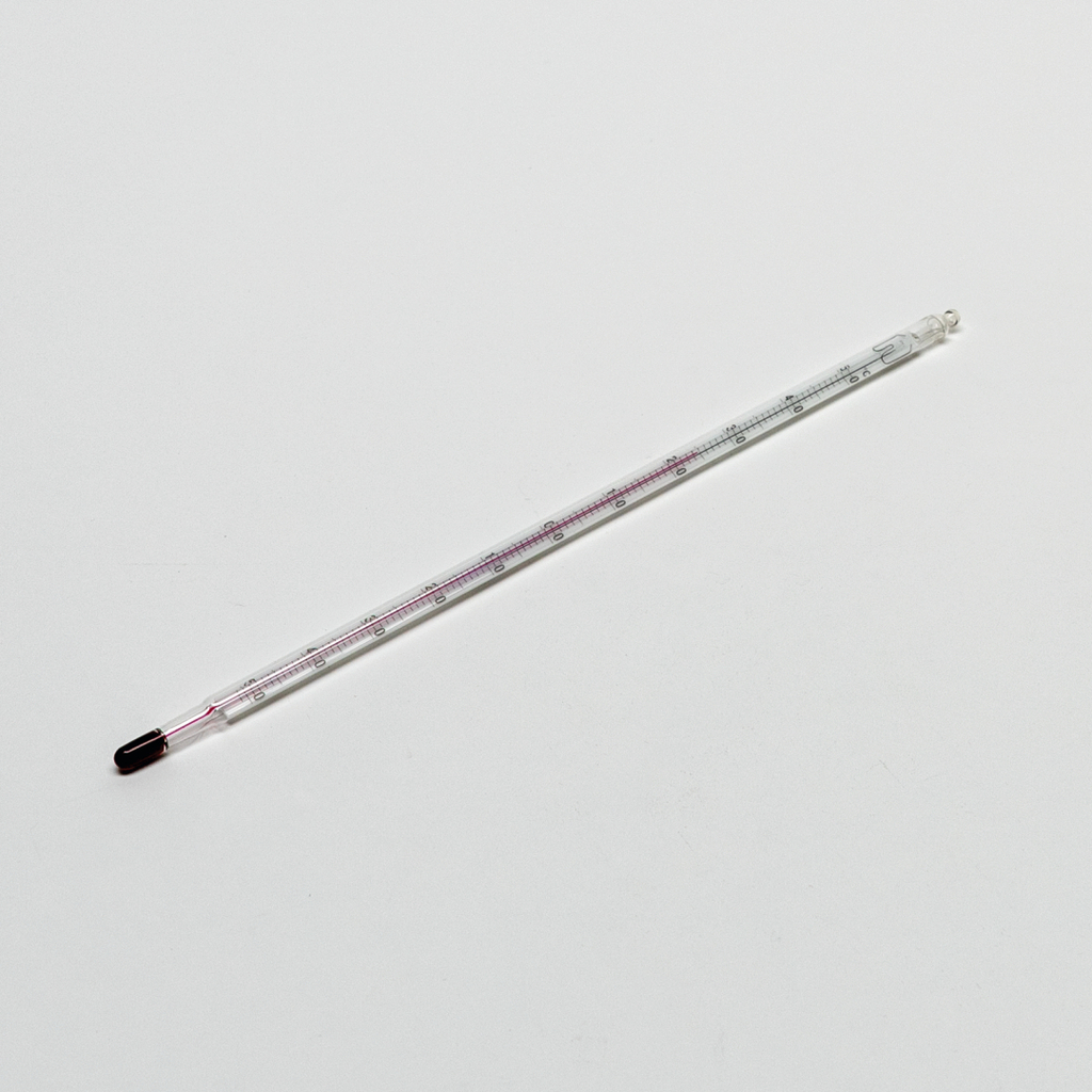 Das Bild zeigt ein Glasthermometer mit einer klaren Skala zur Temperaturmessung, das im Bildungsbereich verwendet wird. Es verfügt über eine markierte Quecksilbersäule, die zwischen den Temperaturgrenzen sichtbar ist.