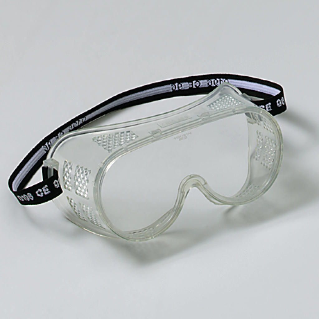 Das Bild zeigt eine Schutzbrille mit einem klaren Kunststoffdesign und einem elastischen Band zur Befestigung. Sie ist für den Einsatz im Bildungsbereich konzipiert, um die Augen während Experimenten zu schützen.