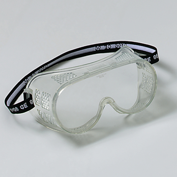 Das Bild zeigt eine Schutzbrille mit einem klaren Kunststoffdesign und einem elastischen Band zur Befestigung. Sie ist für den Einsatz im Bildungsbereich konzipiert, um die Augen während Experimenten zu schützen.