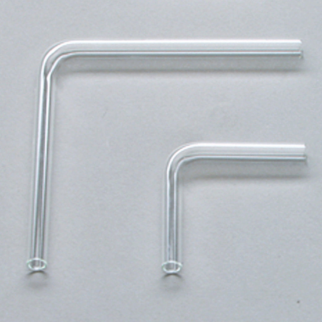 Das Bild zeigt zwei gebogene Glasröhren in unterschiedlichen Größen. Diese Röhren sind typisch für chemische Experimente und dienen der Durchführung von Flüssigkeits- oder Gasübertragungen im Labor.