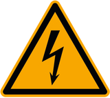 Das Bild zeigt ein gelbes Dreieck mit einem schwarzen Blitzsymbol, das auf elektrische Gefahr hinweist. Es symbolisiert Vorsicht im Umgang mit elektrischen Geräten und ist wichtig für Sicherheitsanzeigen im Bildungsbereich.