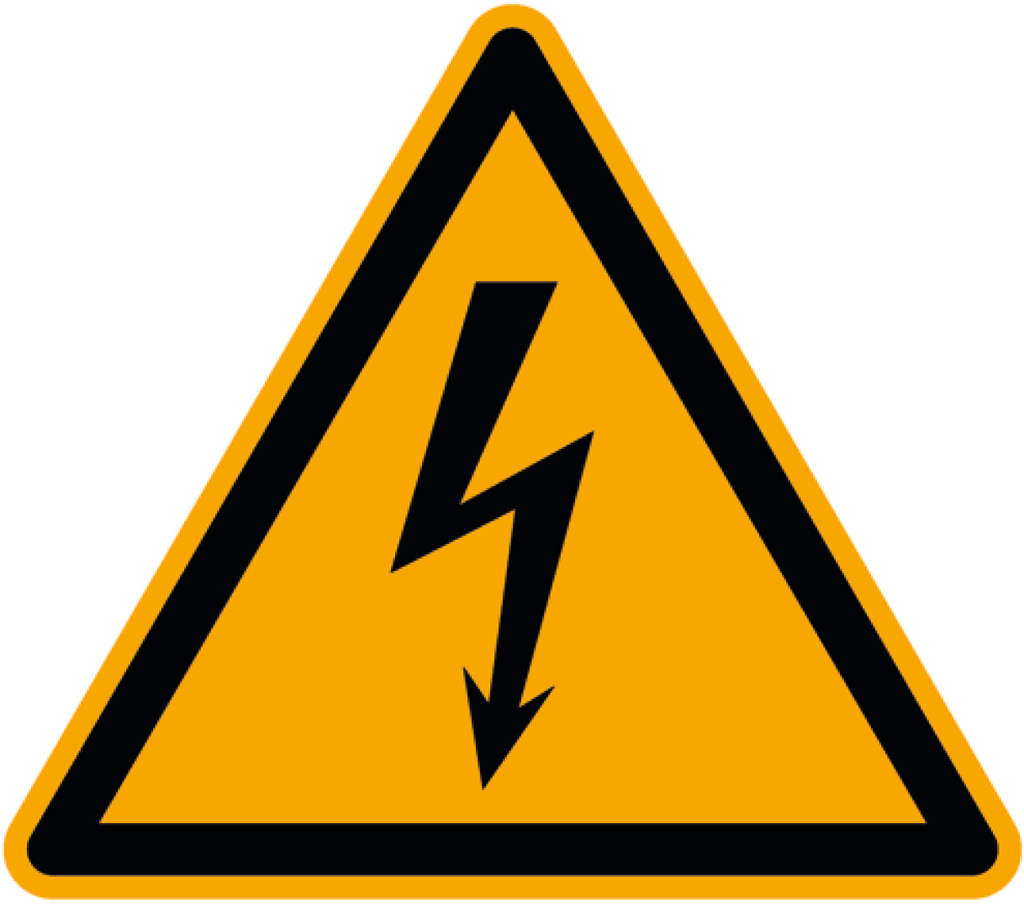 Das Bild zeigt ein gelbes Dreieck mit einem schwarzen Blitzsymbol, das auf elektrische Gefahr hinweist. Es symbolisiert Vorsicht im Umgang mit elektrischen Geräten und ist wichtig für Sicherheitsanzeigen im Bildungsbereich.