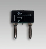 Das Bild zeigt ein elektrisches Bauteil mit zwei Anschlüssen und einer grafischen Darstellung von Schaltkreisen auf der Oberseite. Es scheint Bestandteil eines Experimentierkits für den Physik- oder Elektrotechnikunterricht zu sein.