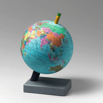 Das Bild zeigt einen farbenfrohen Globus, der die verschiedenen Kontinente und Länder klar markiert. Ein gelber Bleistift steckt auf der Spitze des Globus, was auf eine Schreibtisch- oder Lernanwendung hinweist.