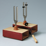 Das Bild zeigt zwei Stimmgabeln, die auf Holzbasis montiert sind. Eine der Gabeln ist mit einem schwarzen Halter befestigt, während eine Metallstange mit Holzgriff zum Schwingen der Gabeln verwendet wird.