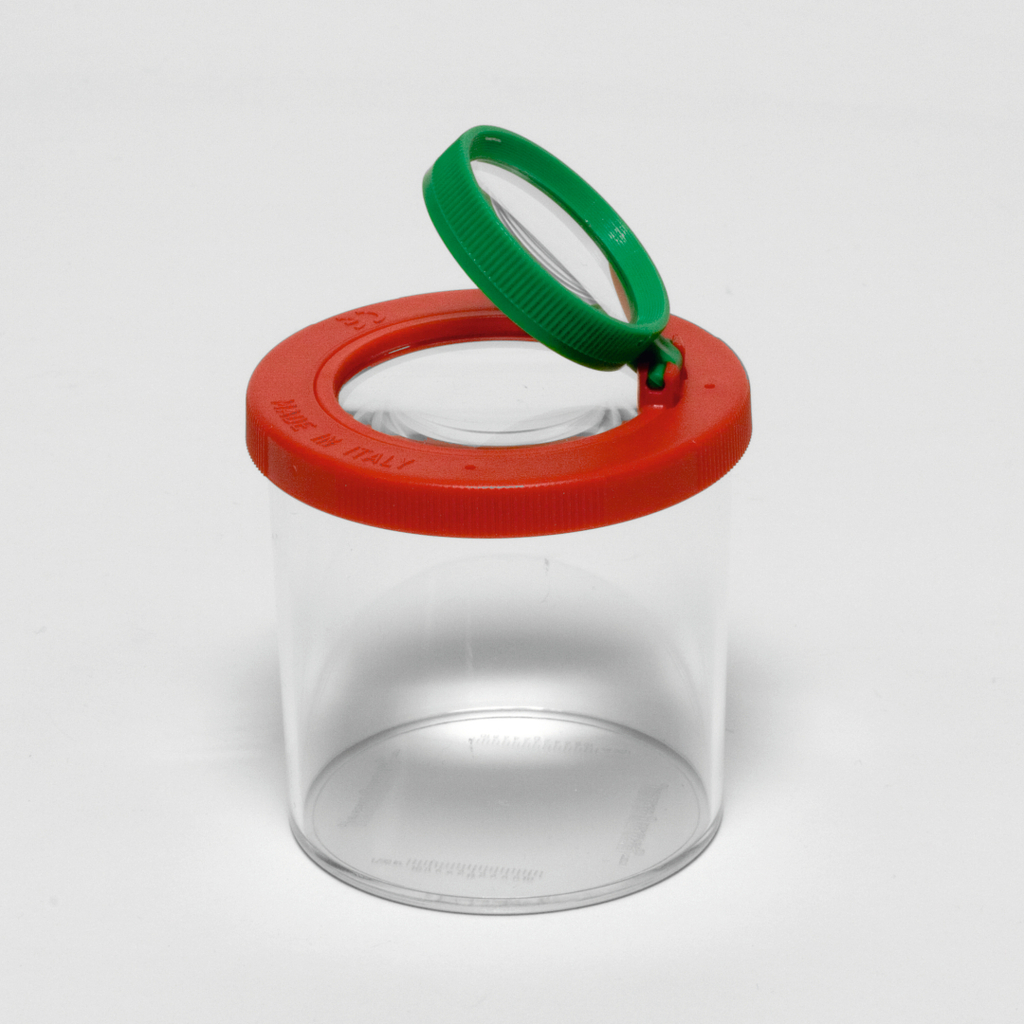 Das Bild zeigt ein transparentes Behältnis mit einem roten Deckel und einer grünen Lupe. Es dient zur Beobachtung von Objekten oder Lebewesen, ideal für Experimente im Bildungsbereich.