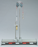 Das Bild zeigt einen Experimentieraufbau mit einer Rolle und zwei Gewichten, der zur Untersuchung von Kräften und Bewegung dient. An einer vertikalen Stange befindet sich ein Messzylinder, in dem der Einfluss von Gewicht auf die Zugspannung untersucht werden kann.