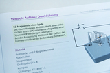 Das Bild zeigt eine Anleitung zu einem physikalischen Versuch, bei dem das Magnetfeld einer Spule untersucht wird. Hierbei wird ein elektrischer Strom durch die Spule geleitet, während der Einfluss des Erdmagnetfelds thematisiert wird.