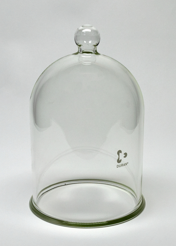 Das Bild zeigt eine gläserne Kuppel mit einem runden Griff auf der Oberseite. Sie ist durchsichtig und eignet sich als Abdeckung für Experimente oder zur Präsentation von Objekten im Bildungsbereich.