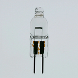 Das Bild zeigt eine transparente Halogenlampe, die für experimentelle Zwecke genutzt werden kann. Die Lampe hat zwei stromleitende Kontakte und einen transparenten Glaskörper, der das Leuchtmittel enthält.