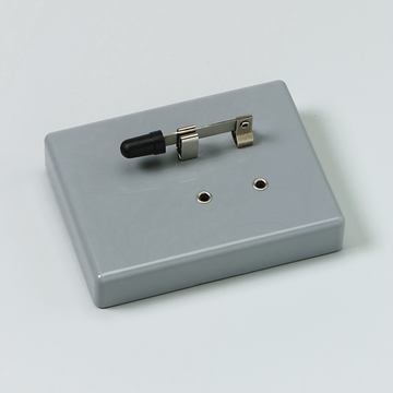 Das Bild zeigt ein graues experimentelles Gerät mit einem Schalter und zwei verfügbaren Anschlussbuchsen. Es dient vermutlich der Durchführung von elektrischen Experimenten im Bildungsbereich.