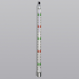 Das Bild zeigt ein Thermometer mit einer markierten Skala, die in verschiedenen Farben unterteilt ist. Es dient zur Messung der Temperatur und könnte für Experimente im Bildungswesen verwendet werden.