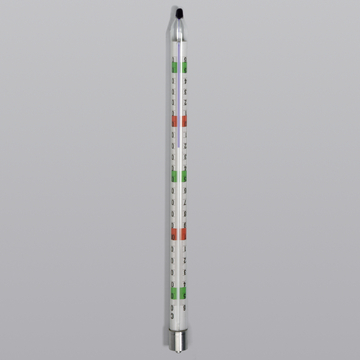 Das Bild zeigt ein Thermometer mit einer markierten Skala, die in verschiedenen Farben unterteilt ist. Es dient zur Messung der Temperatur und könnte für Experimente im Bildungswesen verwendet werden.