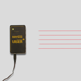 Das Bild zeigt ein kompaktes Gerät mit der Bezeichnung "electronic RAYBOX LASER", das einen Laserstrahl erzeugt. Der Strahl wird in mehreren roten Linien dargestellt, die sich vom Gerät nach rechts erstrecken.