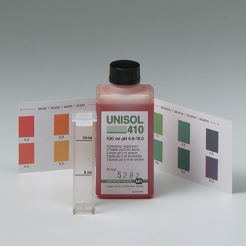 Das Bild zeigt eine Flasche mit dem Produkt UNISOL 410, einem pH-Indikator für den Bereich von 4,0 bis 10,0, sowie eine Messzelle und eine Vergleichstabelle für die pH-Werte. Die Anzeige informiert über die Anwendung und zeigt Farbkarten für verschiedene pH-Werte.