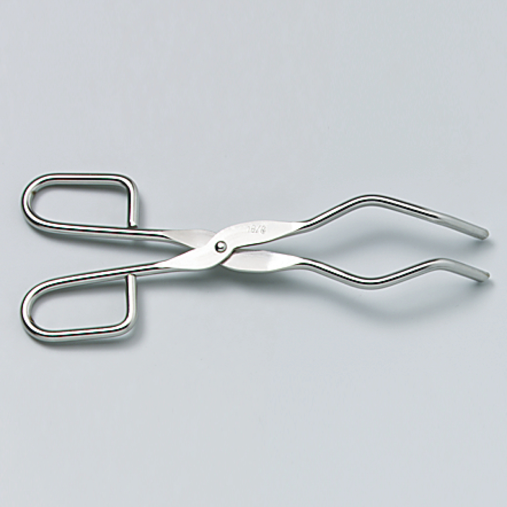 Das Bild zeigt eine Edelstahlzange mit zwei gebogenen Griffen, die sich in der Mitte treffen und eine konisch zulaufende Form haben. Dieses Werkzeug eignet sich ideal für Experimente und Anwendungen in Bildungs- und Laborumgebungen.