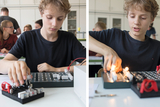 Das Bild zeigt einen Jungen, der in einem Klassenzimmer mit einem Experimentierkasten arbeitet, welcher elektronische Komponenten enthält. Er testet die Schaltungen, während im Hintergrund andere Schüler an ihren Projekten arbeiten.