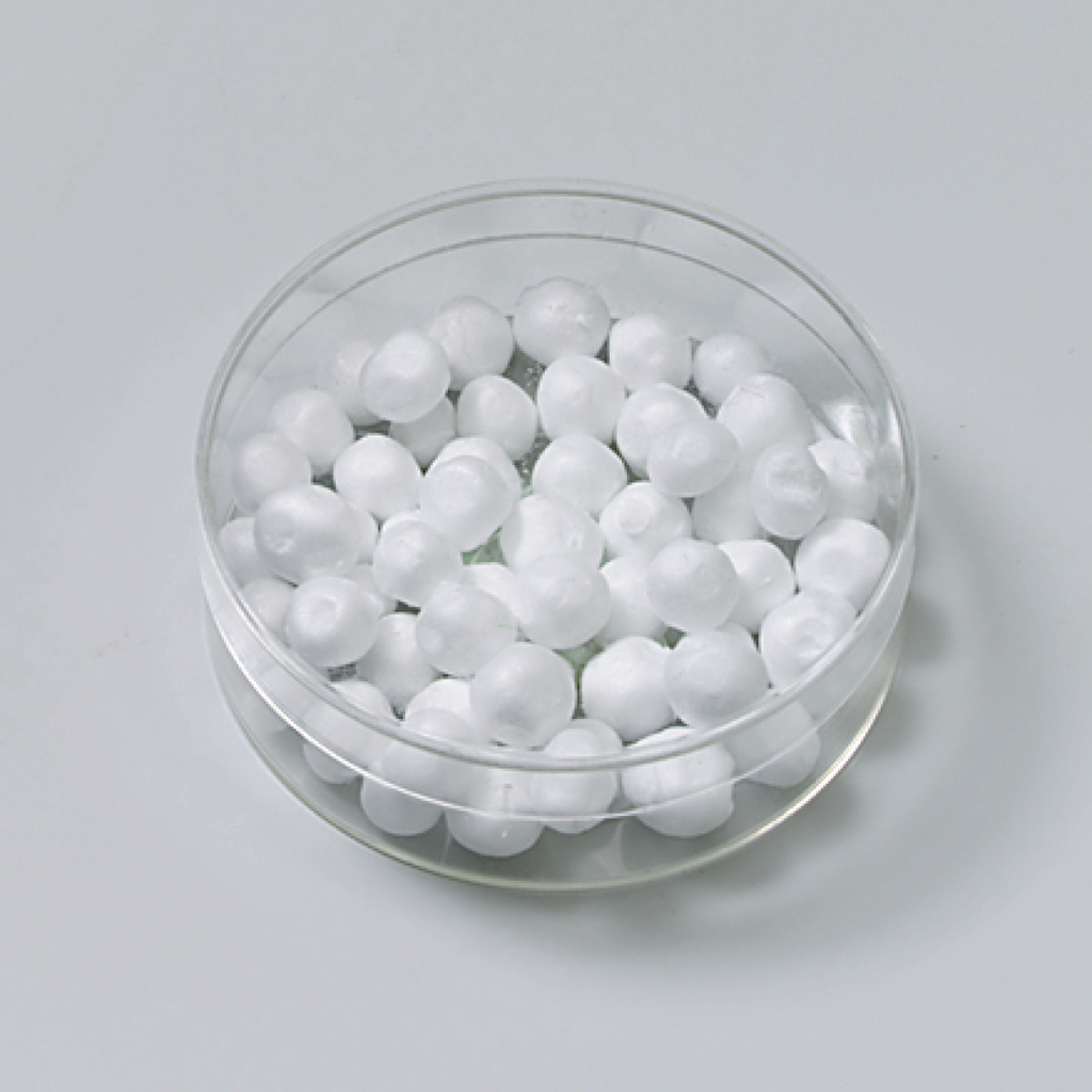 Das Bild zeigt eine durchsichtige Petri-Schale, die mit vielen kleinen weißen Kügelchen gefüllt ist. Diese Kügelchen sind vermutlich aus einem experimentellen Material, das für Bildungszwecke im deutschen Schulbereich verwendet wird.