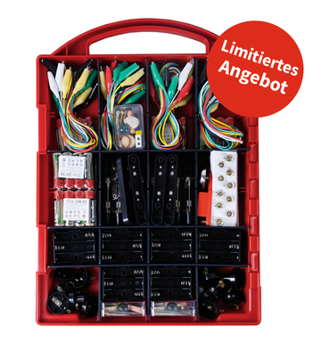 Das Bild zeigt ein rotes Aufbewahrungskoffer, gefüllt mit verschiedenen Experimentiermaterialien wie Drähte, Batterien, Schaltkreise und Zubehör für den Unterricht. Darüber steht „Limitiertes Angebot“, was auf eine Sonderaktion hinweist.