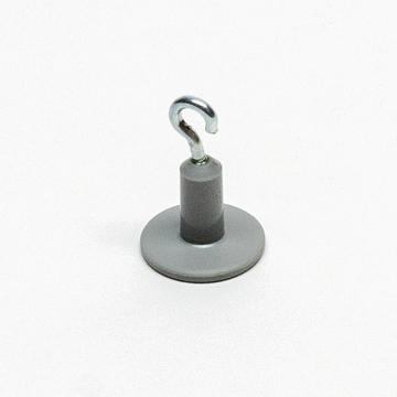 Das Bild zeigt einen grauen Standfuß mit einem Haken an der Oberseite. Dieses Experimentierzubehör wird häufig im Bildungsbereich verwendet, um Objekte zu befestigen oder zu halten.