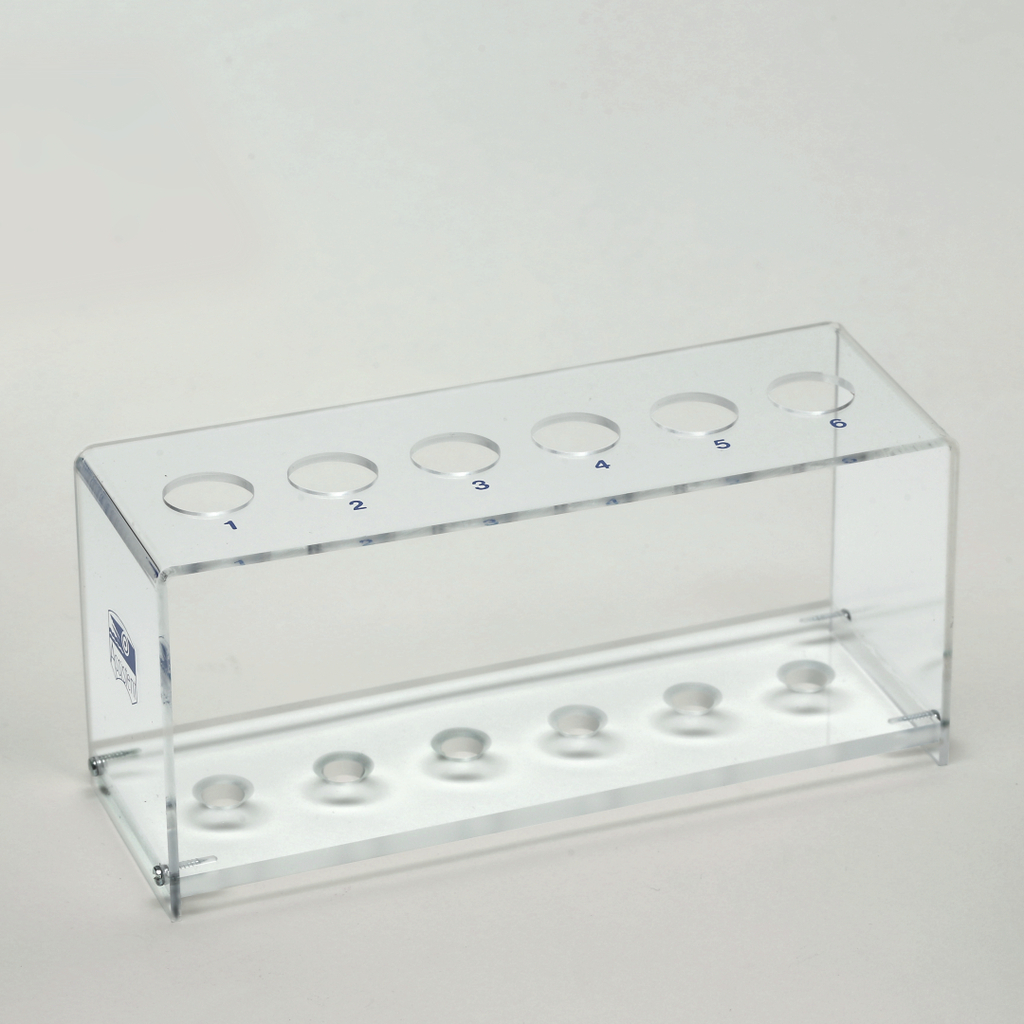 Das Bild zeigt einen transparenten Reagenzglasständer aus Acryl mit sechs runden Öffnungen für Reagenzgläser. Er ist eine nützliche Ausstattung für Experimente im Bildungswesen und ermöglicht eine übersichtliche Anordnung der Proben.