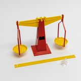 Das Bild zeigt eine bunte Wäge- oder Balancevorrichtung mit roten und gelben Komponenten, darunter zwei Schalen. Zusätzlich ist ein gelber Maßstab und ein transparenter Klipper abgebildet, die für Experimente im Bildungskontext verwendet werden können.