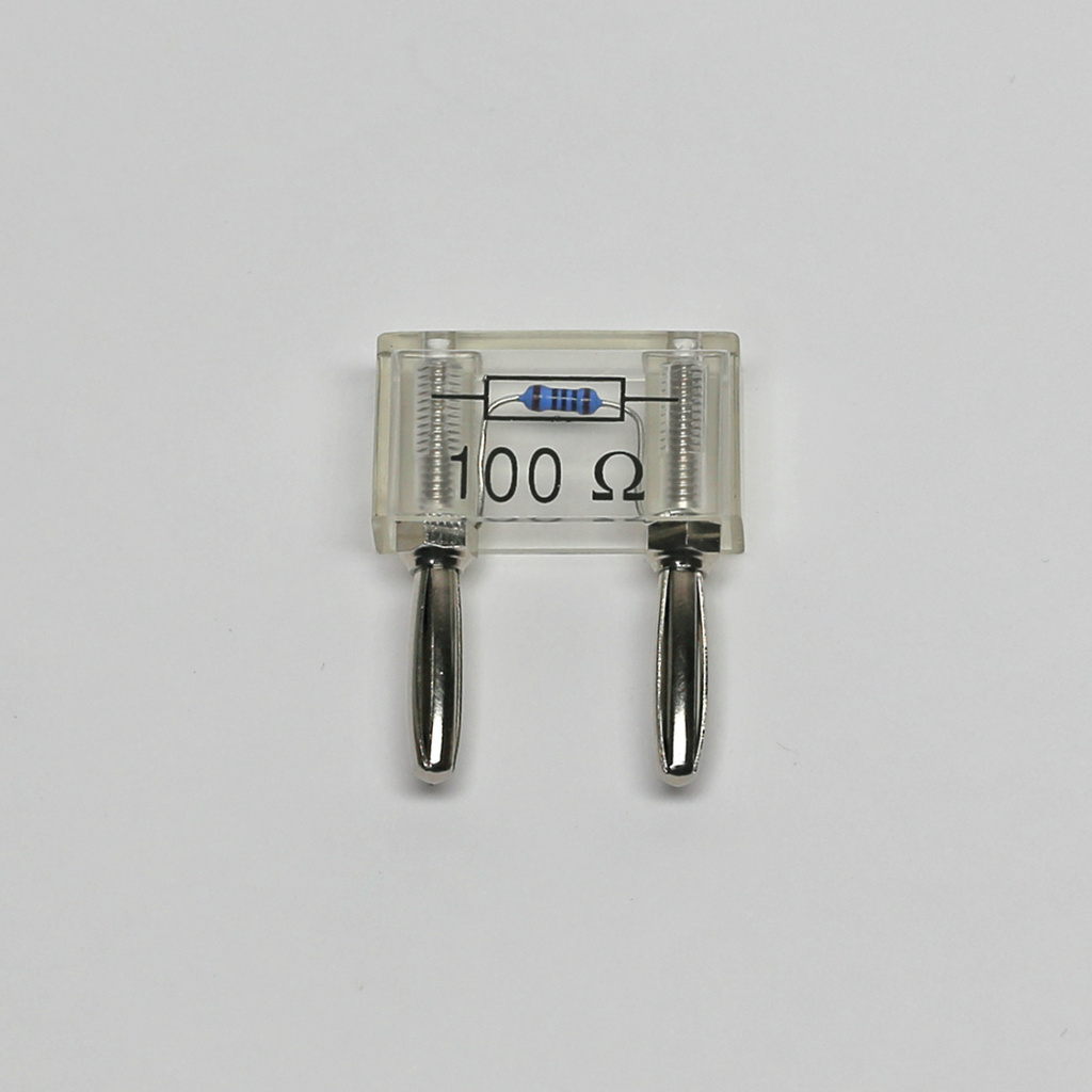 Das Bild zeigt einen transparenten elektrischen Widerstand mit einem Wert von 100 Ohm, der zur Durchführung von Experimenten im Bildungsbereich verwendet wird. Die Anschlussklemmen sind auf beiden Seiten sichtbar, zusammen mit einem blau markierten Widerstand.