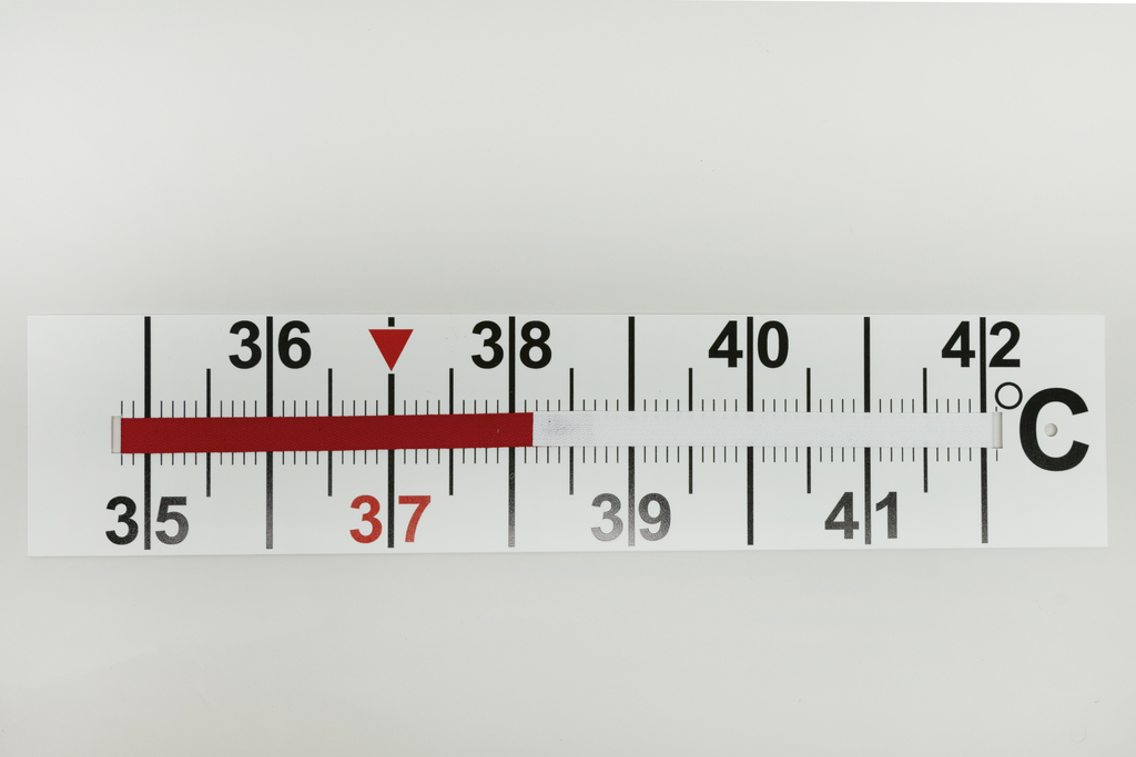 Das Bild zeigt ein Thermometer mit einer Skala von 35 °C bis 42 °C. Der rote Bereich zeigt eine Temperatur von 37 °C an, was auf einen normalen Körpertemperaturbereich hinweist.