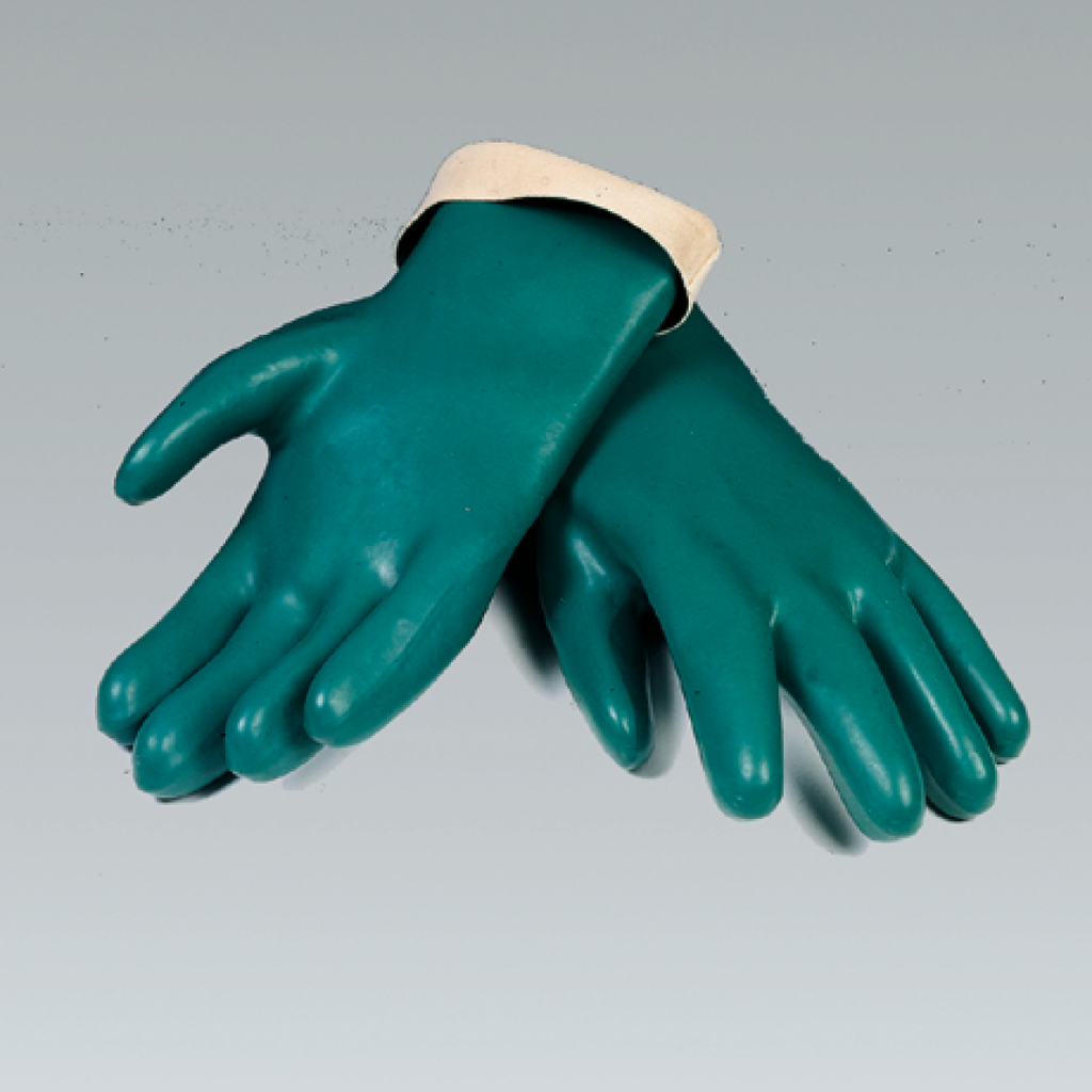 Das Bild zeigt ein Paar grüne Gummihandschuhe mit einem weißen Bund. Diese Handschuhe sind für den Einsatz in experimentellen Bereichen und bieten Schutz bei Tätigkeiten im Bildungswesen.