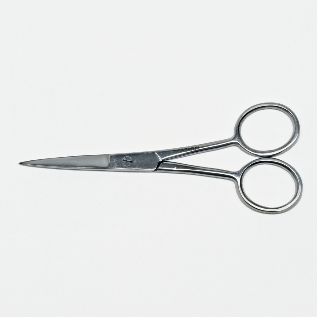 Das Bild zeigt eine Edelstahl-Schere mit feiner Spitze und runden Griffen. Sie eignet sich ideal für präzise Schneidarbeiten in experimentellen Anwendungen im Bildungsbereich.