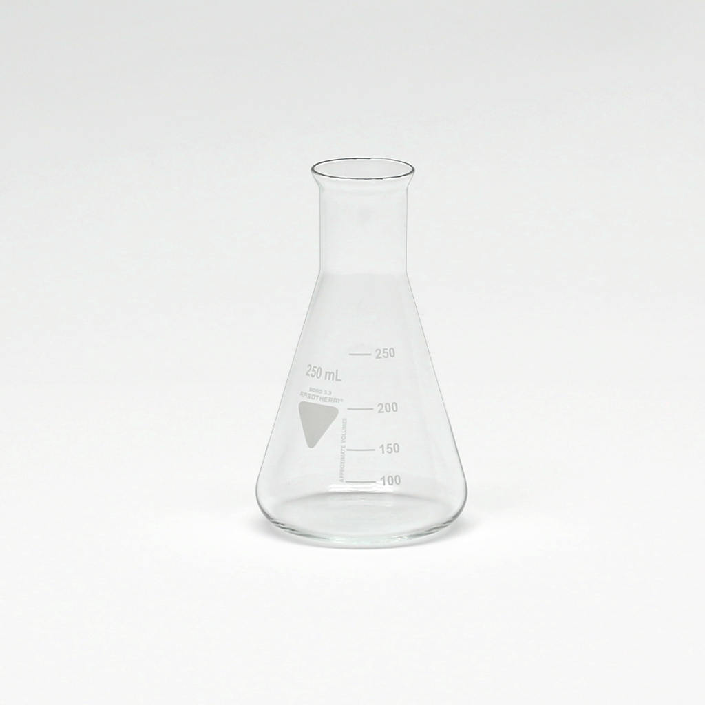 Das Bild zeigt einen transparenten Erlenmeyerkolben mit einem Fassungsvermögen von 250 ml. Der Kolben ist mit einer graduellen Skala markiert, die das Messen von Flüssigkeiten erleichtert und ist ideal für den Einsatz im Bildungsbereich.
