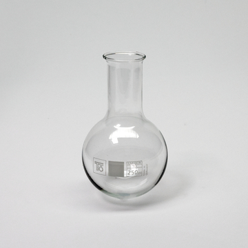 Das Bild zeigt einen klaren Erlenmeyerkolben mit einem Fassungsvermögen von 250 ml, der für Experimente im Bildungsbereich geeignet ist. Der Kolben hat eine runde Basis und einen schmalen Hals, was ihn ideal für chemische Reaktionen macht.