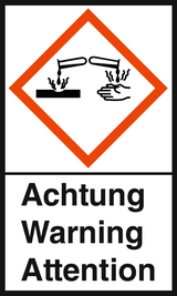 Das Bild zeigt ein Warnsymbol, das auf Gefahren im Umgang mit Chemikalien hinweist. Es illustriert, dass gefährliche Stoffe mit Rauch oder Dämpfen aus Reagenzgläsern verbunden sind und fordert zur Vorsicht auf.