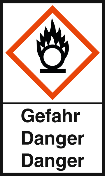 Das Bild zeigt ein Sicherheitszeichen, das vor brennbaren Gasen oder chemischen Stoffen warnt. Es ist in einem diamantförmigen Rahmen gestaltet und enthält die Aufschrift „Gefahr“ sowie die Übersetzung „Danger“ in zwei Sprachen.