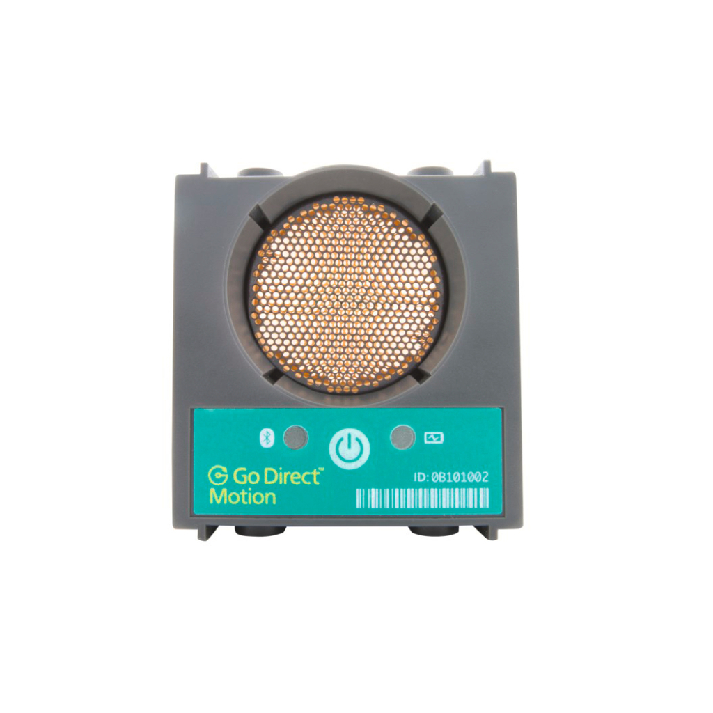 Das Bild zeigt ein Messgerät namens Go Direct Motion, das zur Erfassung von Bewegungsdaten verwendet wird. Es besitzt eine typische Frontansicht mit Bedienelementen, einem Einschaltknopf und einem Bluetooth-Symbol für kabellose Verbindung.